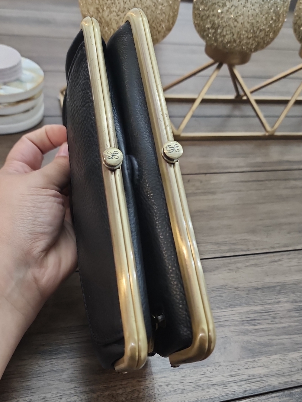 Hobo Classic Black Leather Double-Compartment Clutch with Gold Frame - Picture 14 of 15